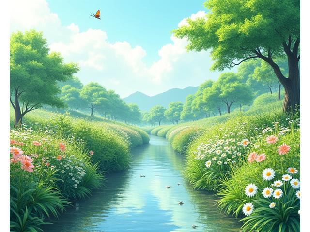 日本の里山の風景、様々な種類の植物が咲き乱れ、蝶や鳥が舞う。
