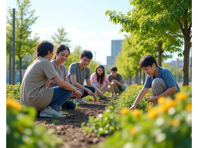 地域住民が協力して公園に木を植えている活動の様子。