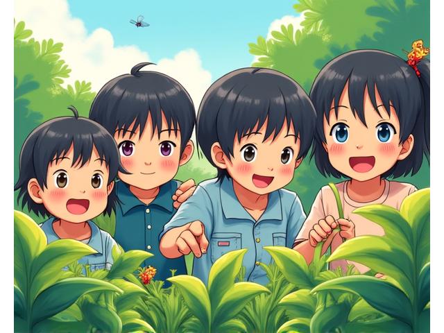 子供たちが庭で植物を観察し、楽しそうに学んでいる様子。