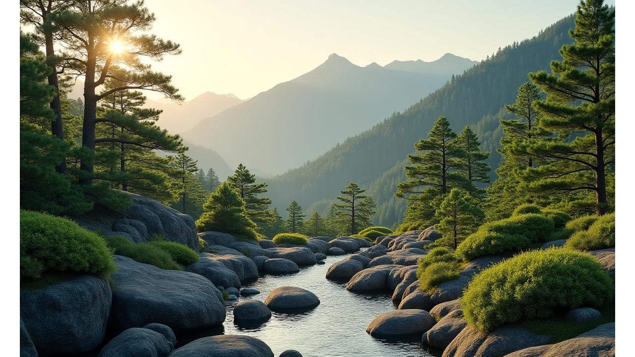 雄大な山々を背景に、丁寧に作られた日本庭園の全景。朝日の柔らかな光が庭園全体を照らし、静けさと専門性を感じさせる構図。