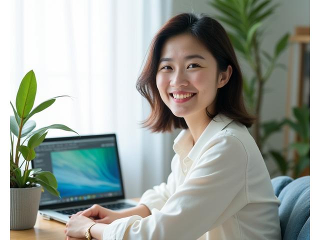 教育事業責任者、佐藤陽子。オンライン講義の準備をする様子で、親しみやすく聡明な笑顔。