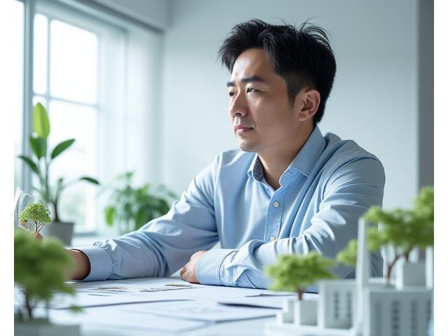 技術責任者、田中健一。研究室で最新の造園技術に関する資料を広げ、真剣な表情を浮かべる。