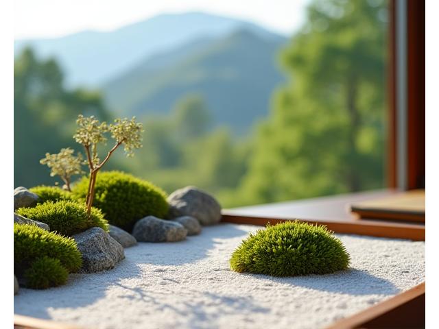 新緑が輝く山々を背景に、石組みの美しい小川が流れるミニチュアの日本庭園。持続可能な自然との調和を象徴している。