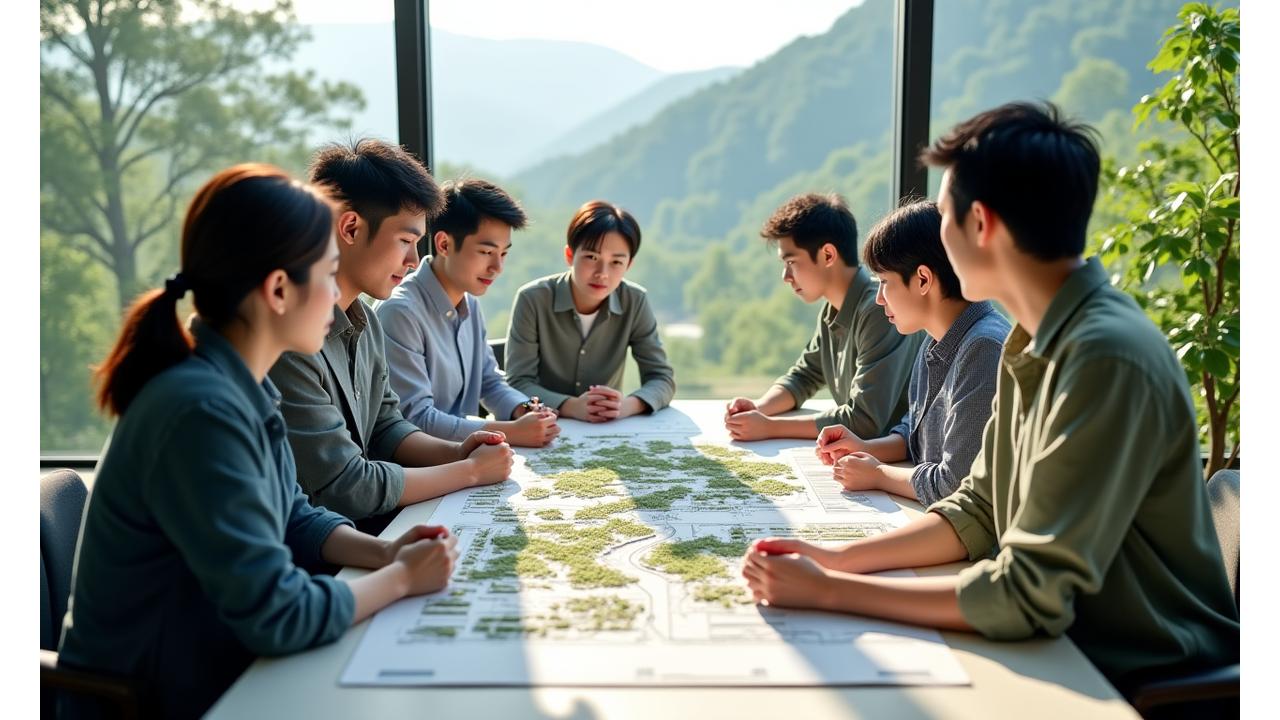 多様な専門家がそれぞれの役割を果たしながら、一つの複雑なランドスケーププロジェクトの図面を囲んで議論している様子。共同作業の精神を表す。