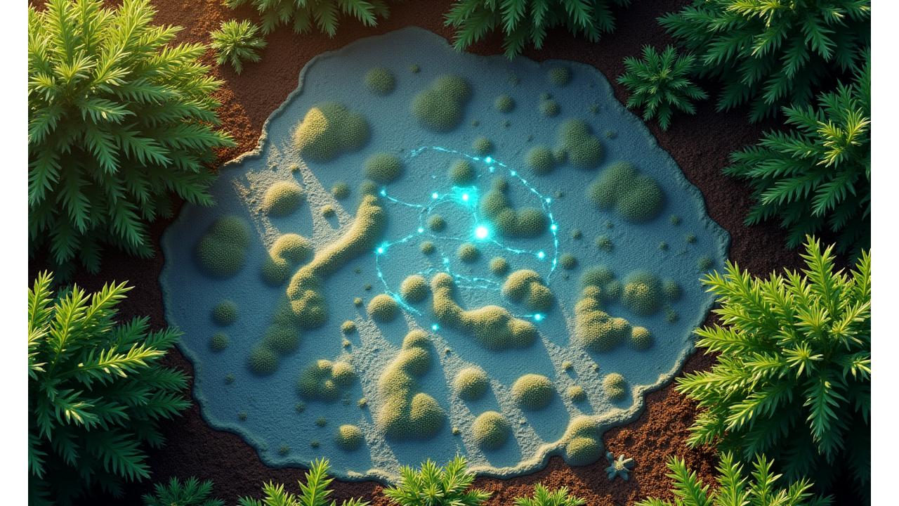AIが庭園の地形、植生、日照条件を解析していることを示すオーバーレイグラフィックを備えた庭園の衛星写真。