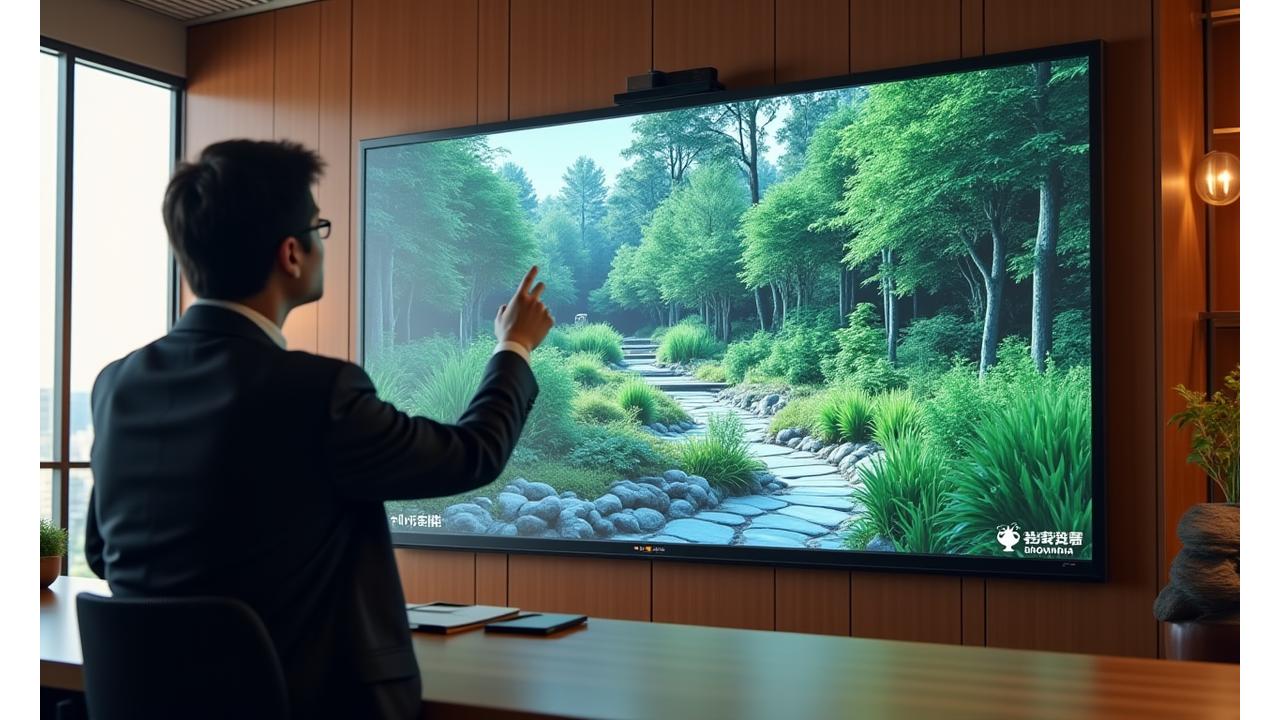 オンライン会議の画面で、専門家が顧客の庭園デザインについて説明し、AI分析データが表示されている。