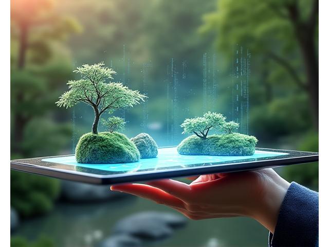 AIアシスト庭園デザインコンサルティングのイメージ。タブレット上でAIが庭園デザインを提案している様子。