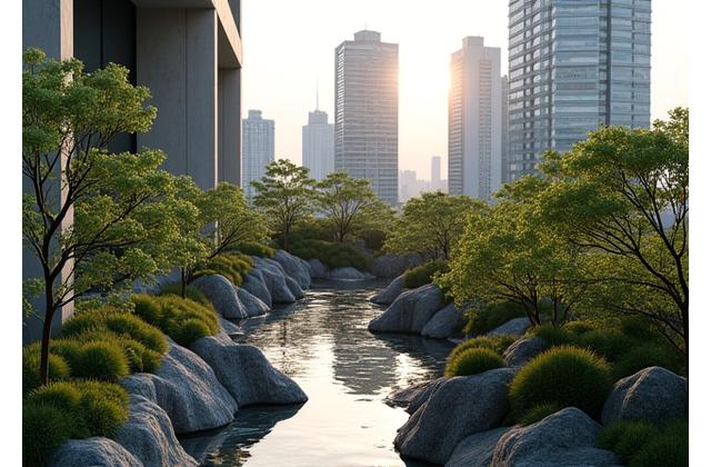 都市部バックヤードの山岳スタイル化のイメージ。高層ビルの間に位置するモダンな山岳スタイルの屋上庭園。