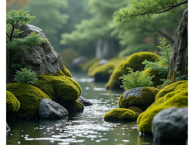 自然の岩盤を活かした、苔むした日本庭園風のロッキーガーデン