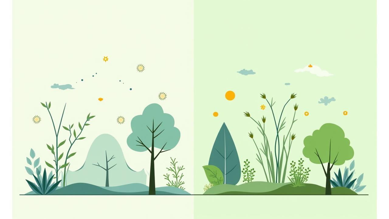 気候変動の影響を視覚化したグラフと、それに耐えうる植物のイラストが融合したインフォグラフィック。雨量や気温の変化を示す。