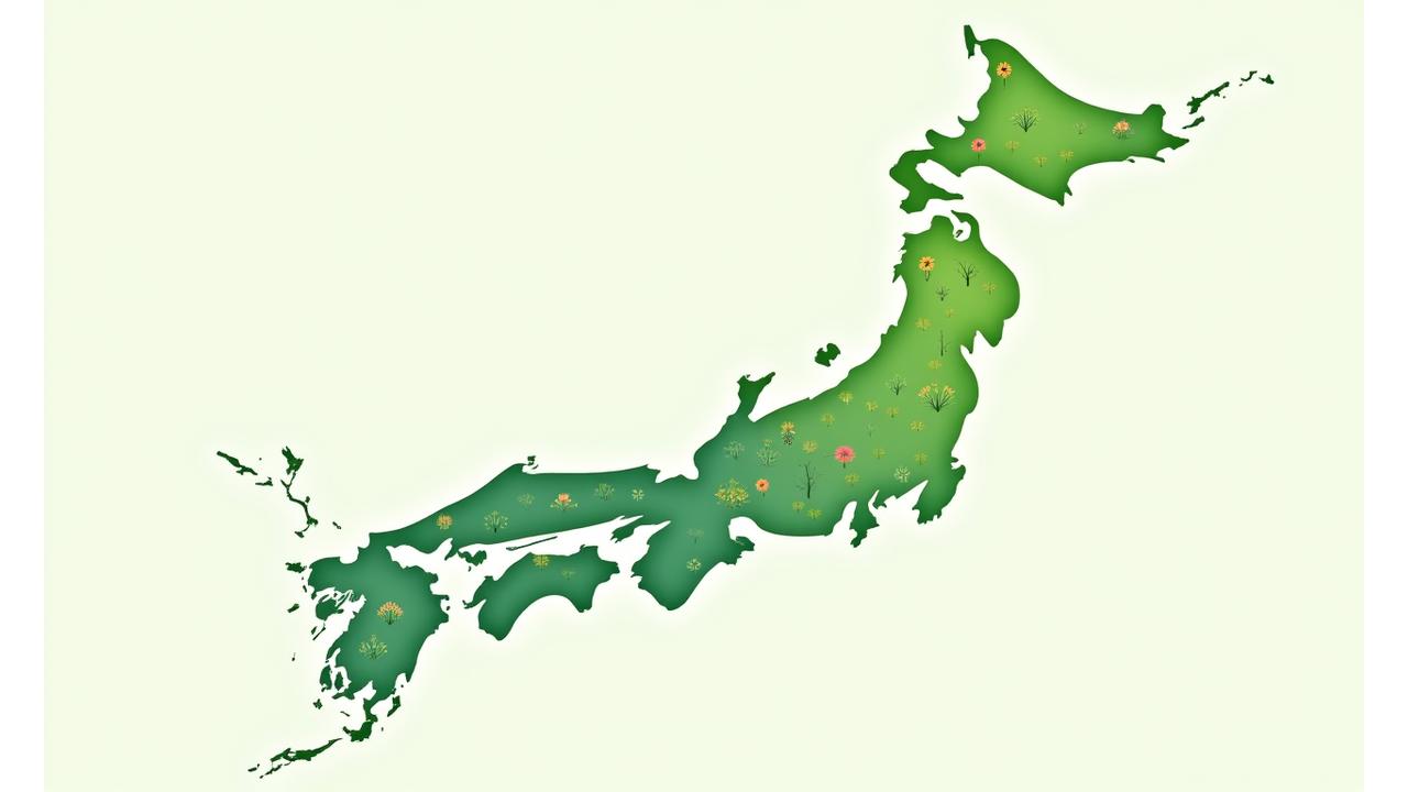 日本の気候帯を示すインタラクティブマップ。各地域に推奨される植物のアイコンが配置されている。