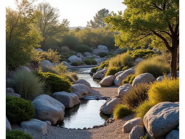 石と乾燥に強い植物を組み合わせた、和モダンなロックガーデンの全景。水の流れを表現する砂利敷きが特徴。