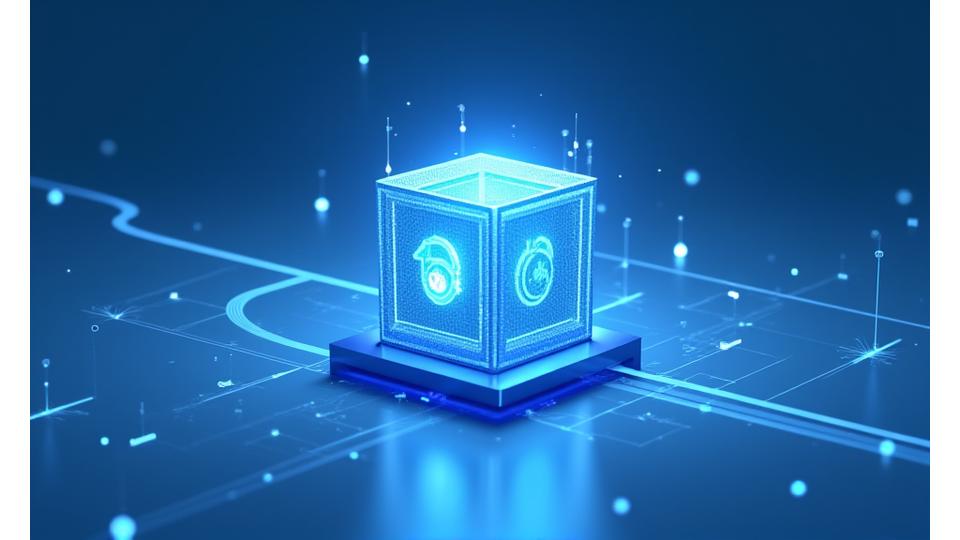 データが安全に流れ、保護されている様子を示す抽象的なグラフィック。ギアやロックのアイコンが含まれています。