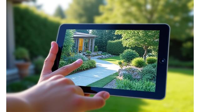 タブレット画面にバーチャル庭園デザインを見せるAIコンサルティングのイメージ
