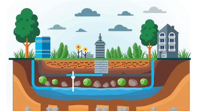 雨水タンクと貯水システムを示す庭の断面図