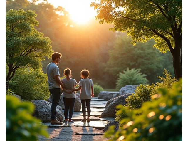 持続可能な庭園でくつろぐ家族の風景、明るい日差し