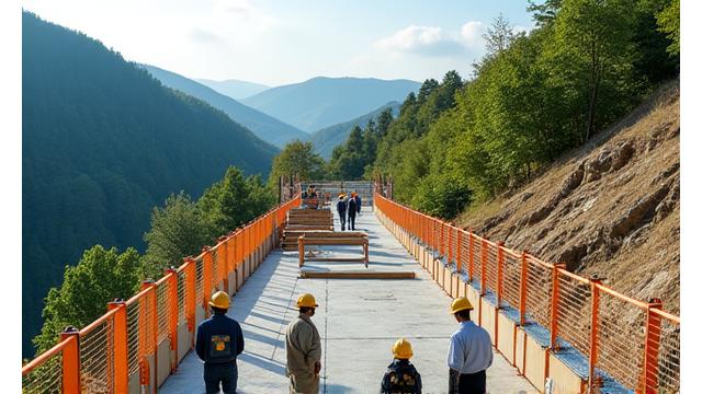 傾斜地での安全な建設作業。段階的な足場と手すりが設置され、専門家が指示を出している。