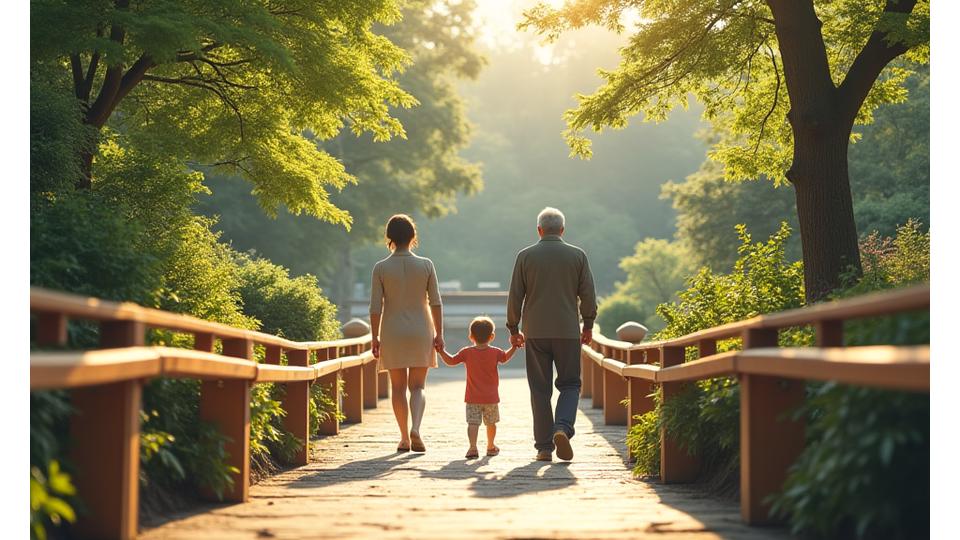 傾斜地の庭園で、子供と高齢者が安全な手すり付きの小道を歩いている様子。安全標識も設置されている。