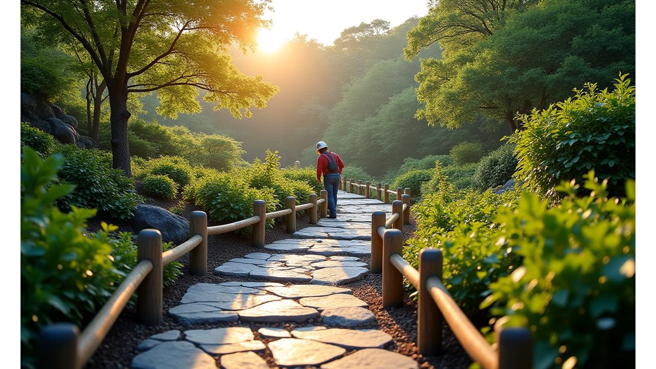 傾斜地に広がる美しい日本庭園、安全な小道と手すりが設置されており、専門家が手入れをしている様子
