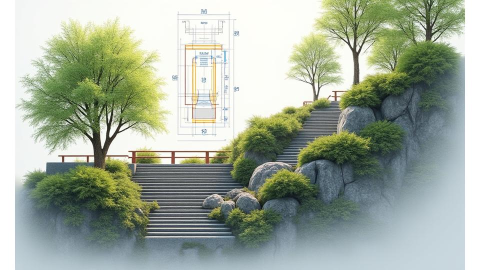 強固な擁壁と安全な階段、手すりが設置された傾斜地の庭園の構造図。