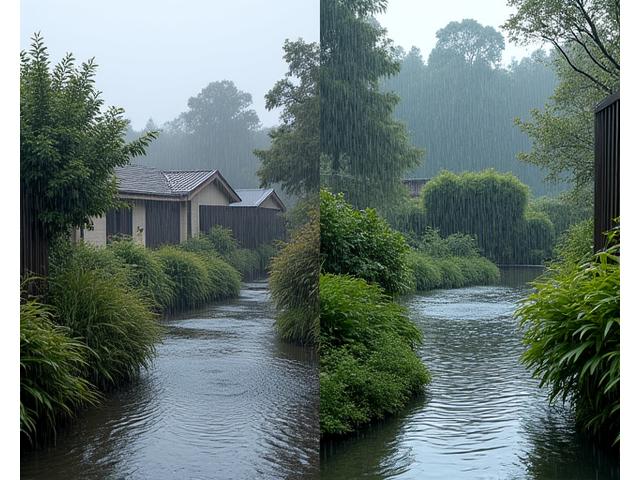豪雨で冠水していた庭園が、雨水貯留タンクと遅延排水システムにより水害を免れるようになったビフォーアフター