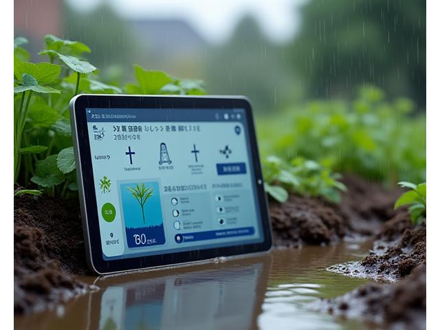 雨でぬかるむ庭と自己診断ツールのインターフェース