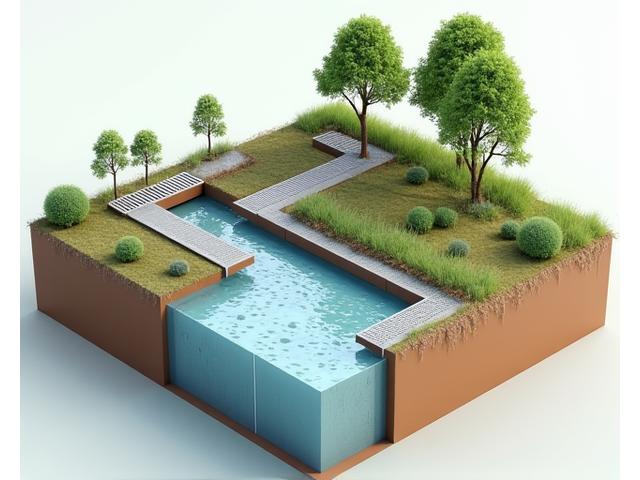 多様な排水パイプと集水枡が組み合わされた庭園排水システム設計の3Dモデル