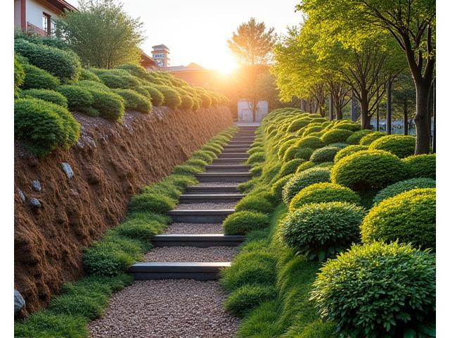 石積みと緻密な植生で土砂崩れを防ぐ傾斜地の庭園のビフォーアフター