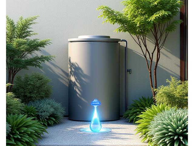 現代的なデザインの雨水貯留タンクが庭園と調和している様子、青い水滴のアイコンがシステムの循環を示唆